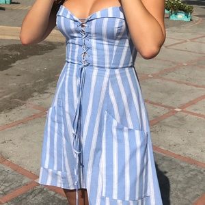 REFORMATION Lorimer Blue Lace Up Linen Dress with Front Pockets